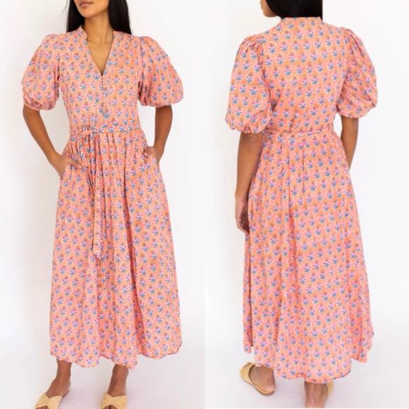 Marea Dresses & Skirts - Marea Colette Coral Multi Floral Short Puff Sleeves Cottagecore Midi Dress Large